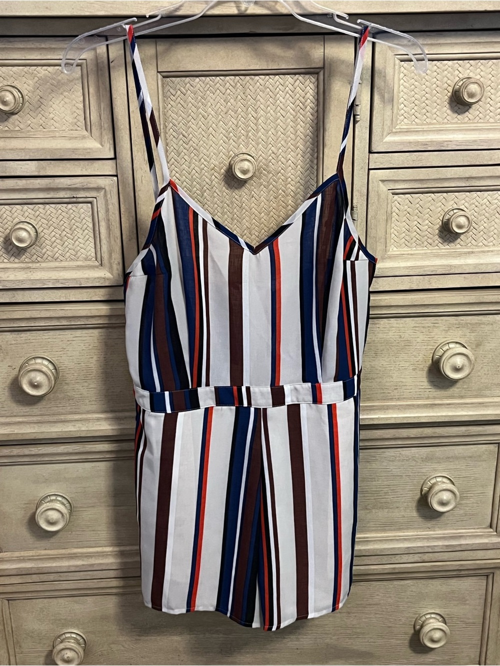 Lucca Couture Striped Sleeveless Romper in White, Navy, Brown & Red